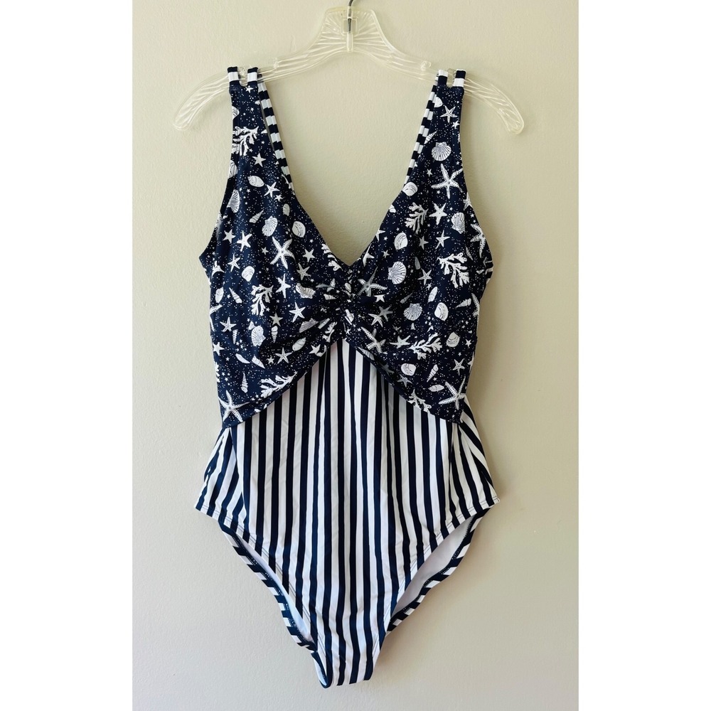 Tribal Sport XL Navy UPF 50 V neck One Piece Swimsuit Stretch Tummy Control